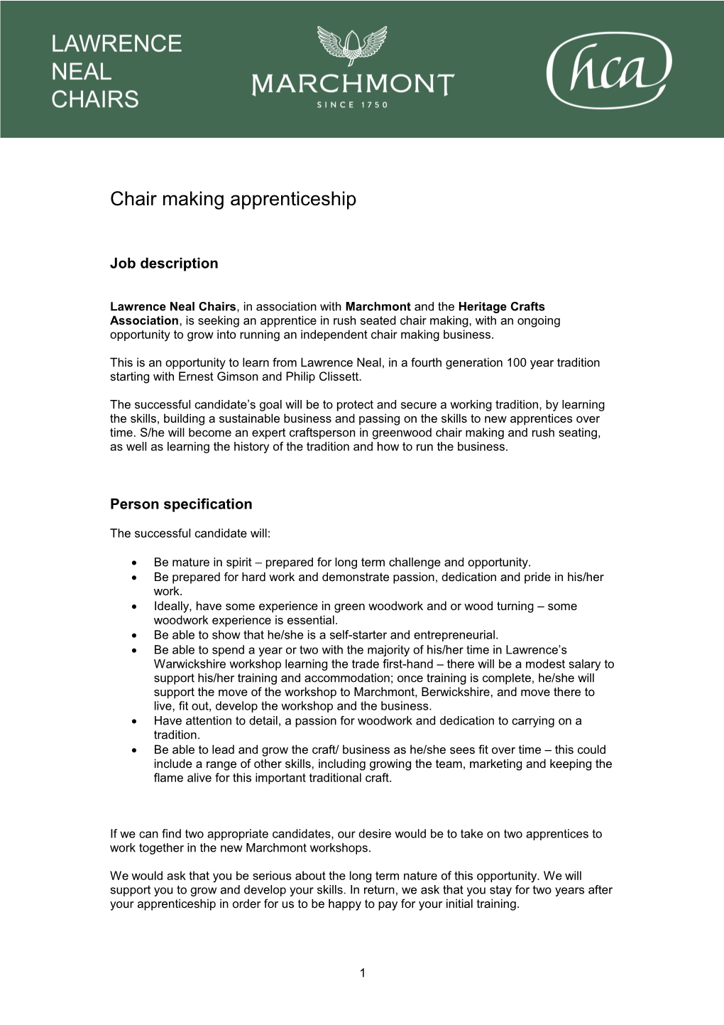 Application Form Chairmaking Apprentice