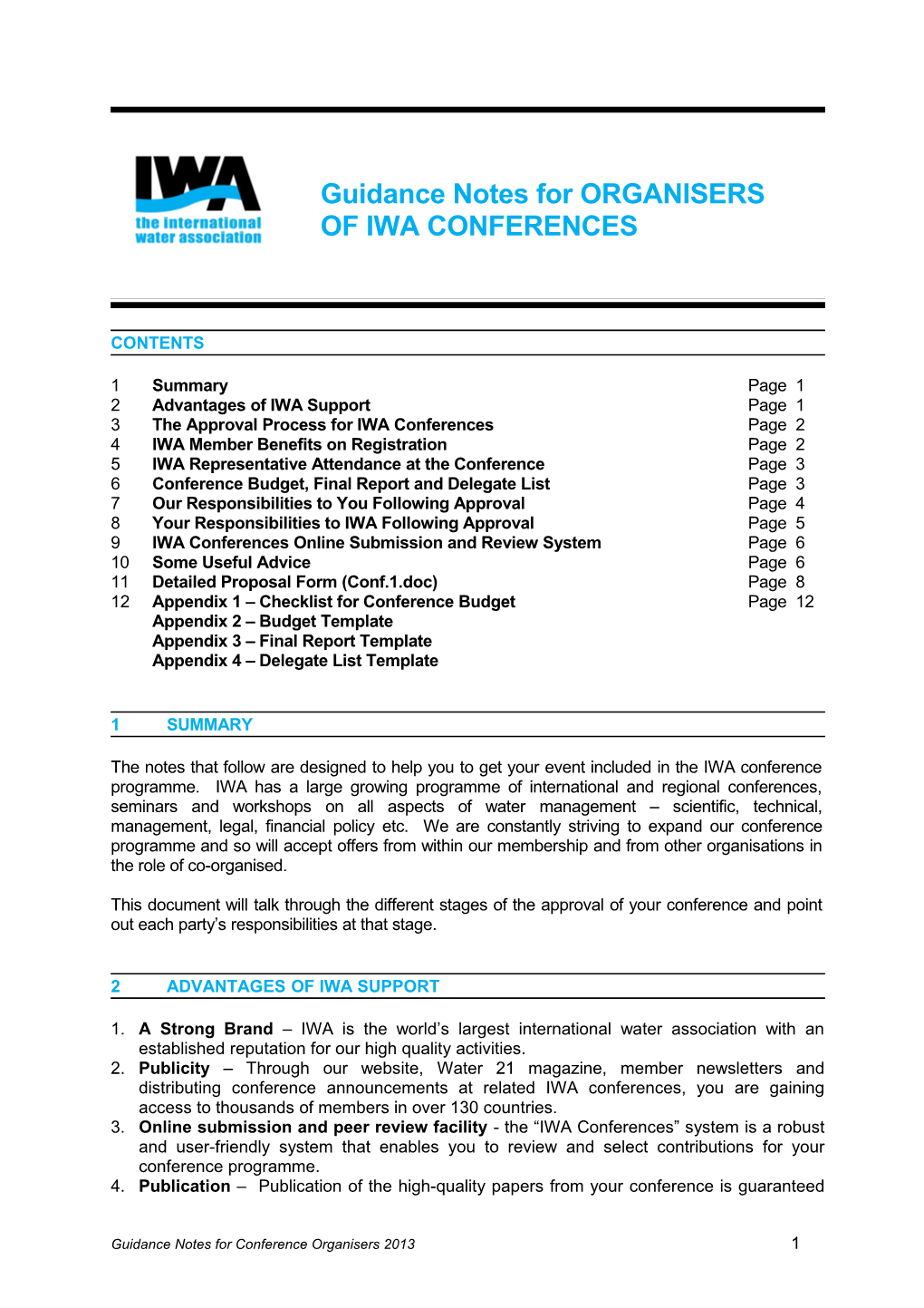 Guidance Notes for ORGANISERS of IWA SPONSORED CONFERENCES