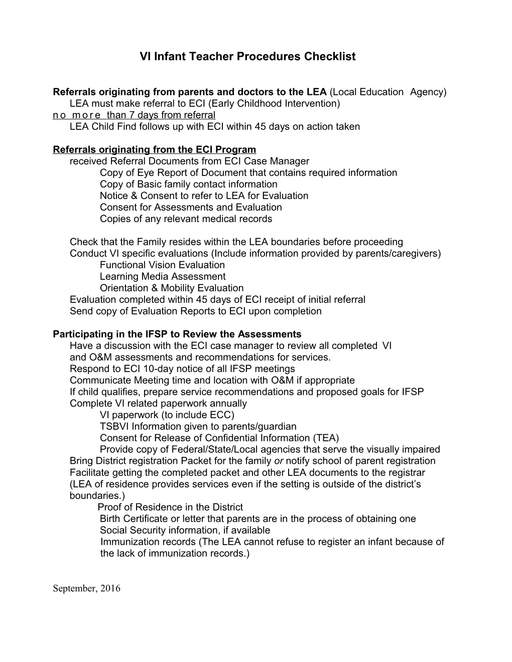 VI Infant Teacher Procedures Checklist