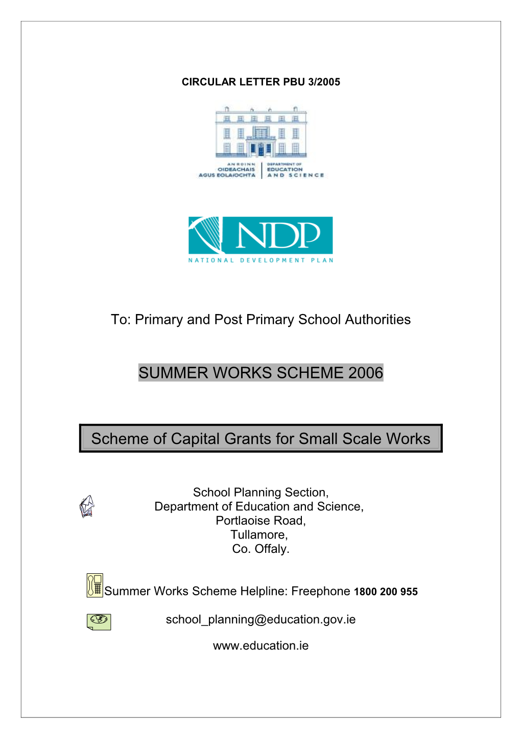 Circular PBU03/05 - Summer Works Scheme 2006 - Scheme of Capital Grants for Small Scale