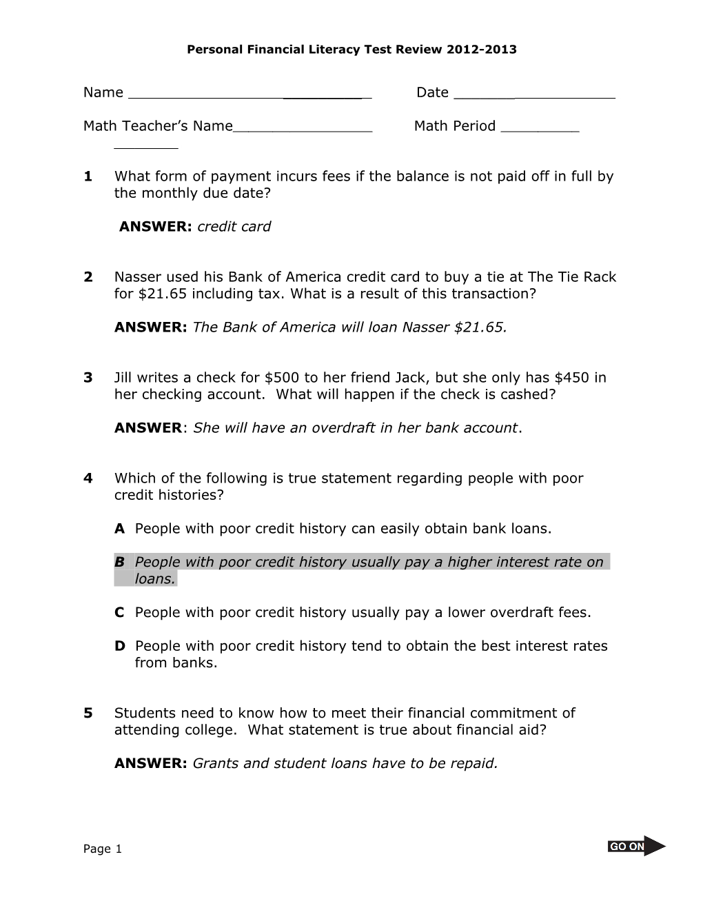 Personal Financial Literacy Test Review2012-2013