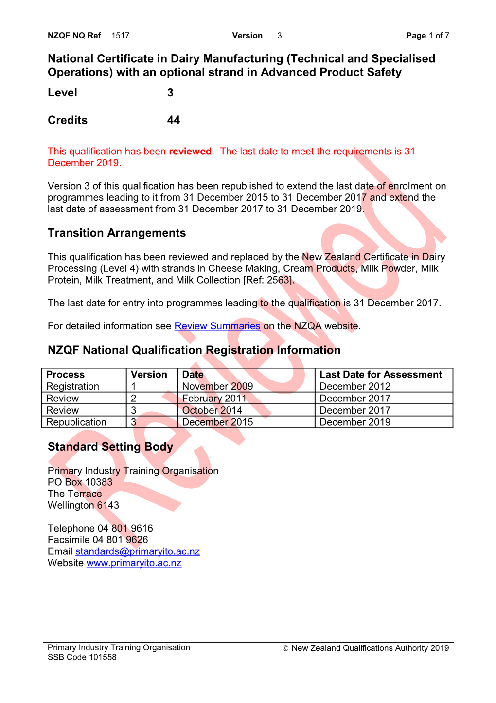 1517 National Certificate in Dairy Manufacturing (Technical and Specialised Operations)