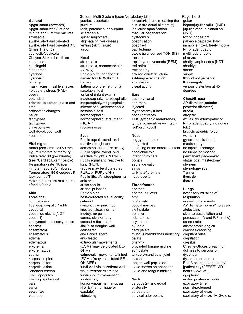 General Multi-System Exam Vocabulary Listpage 1 of 3