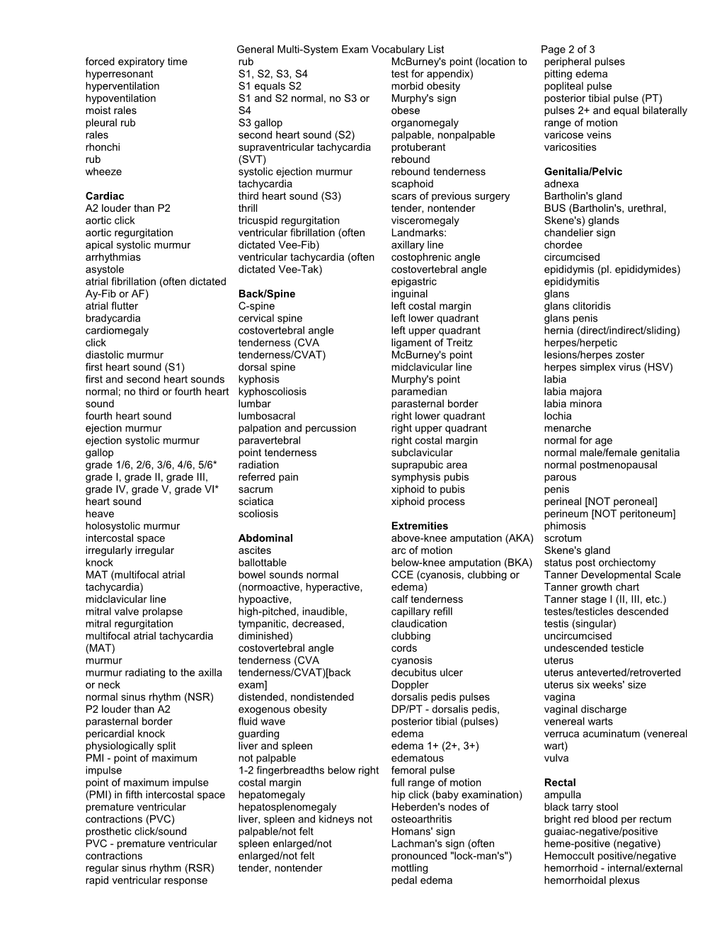General Multi-System Exam Vocabulary Listpage 1 of 3