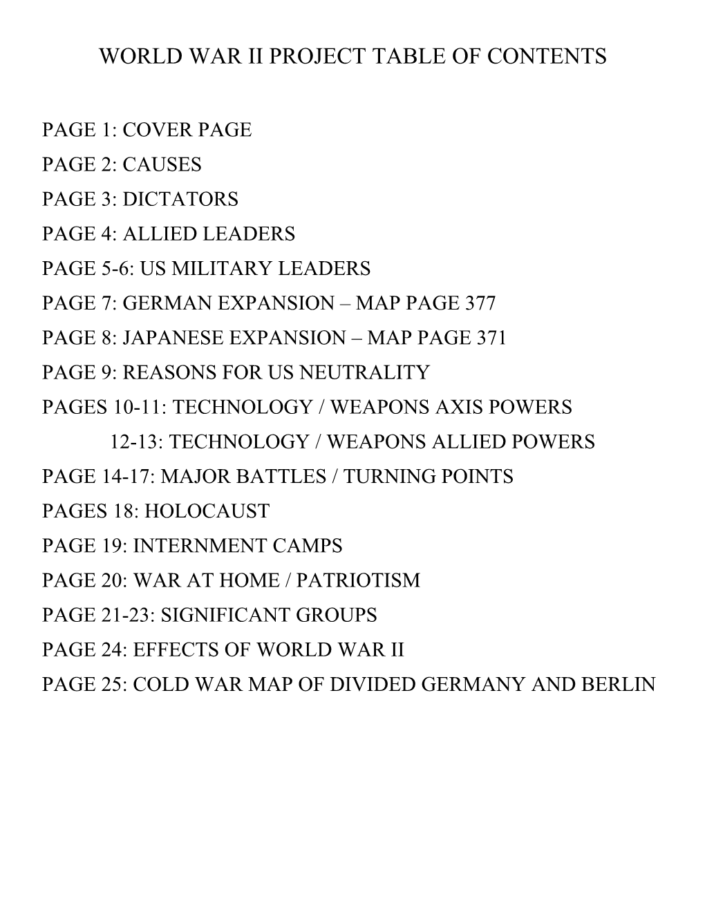 World War Ii Project Table of Contents