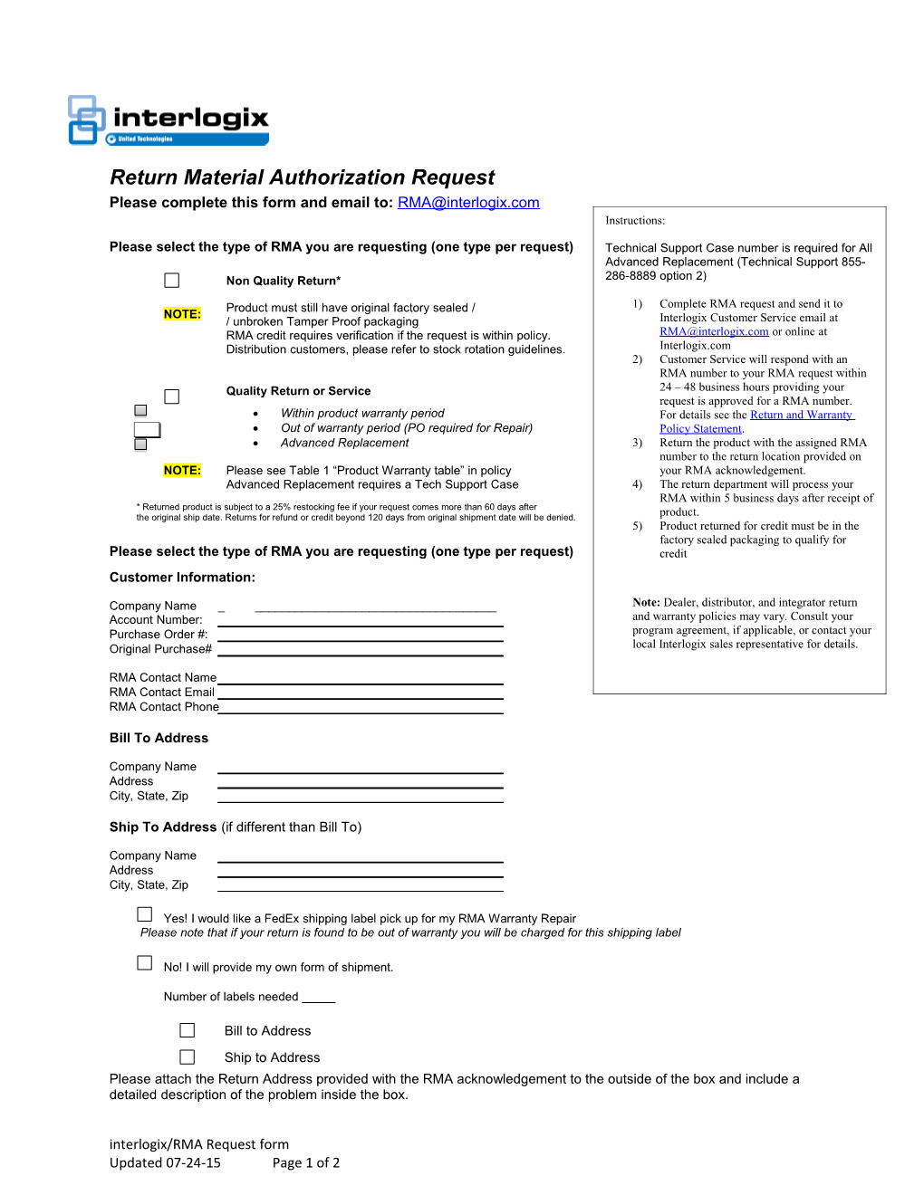 Return Material Authorization Request