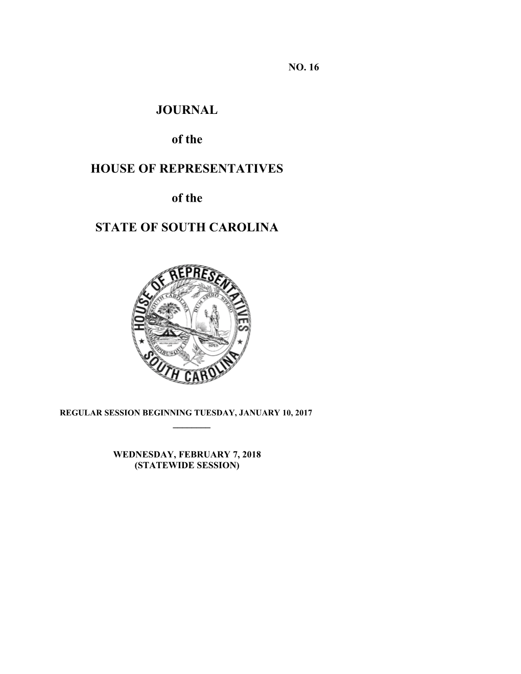 House Journal for 2/7/2018 - South Carolina Legislature Online