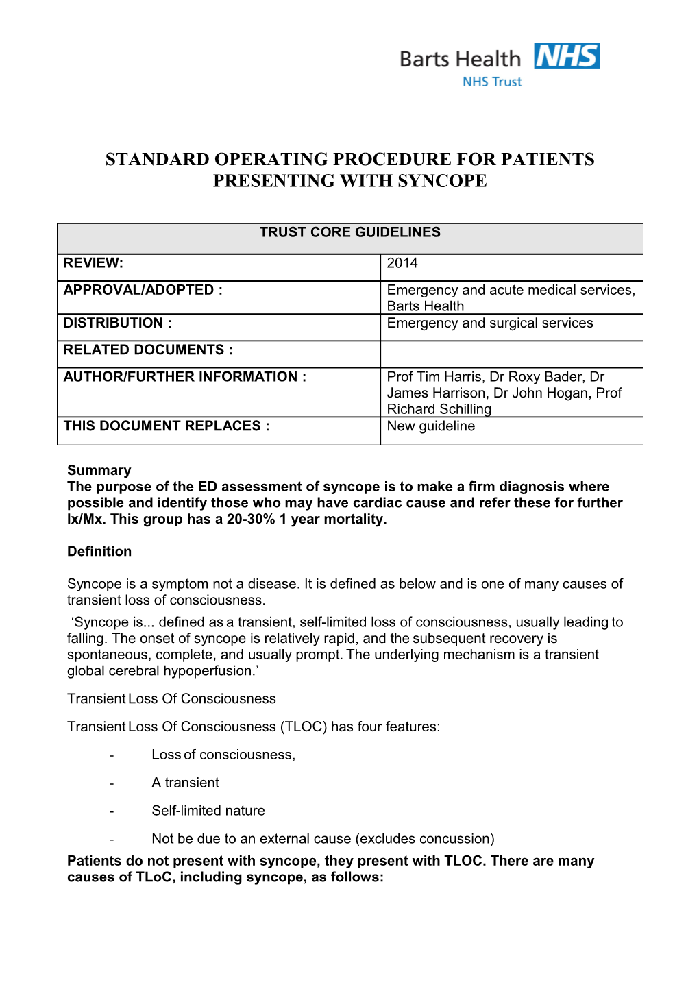 Standard Operating Procedure for Patients Presenting with Syncope