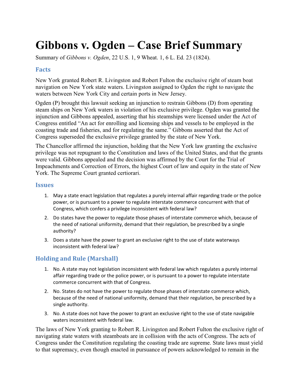 Gibbons V. Ogden Case Brief Summary
