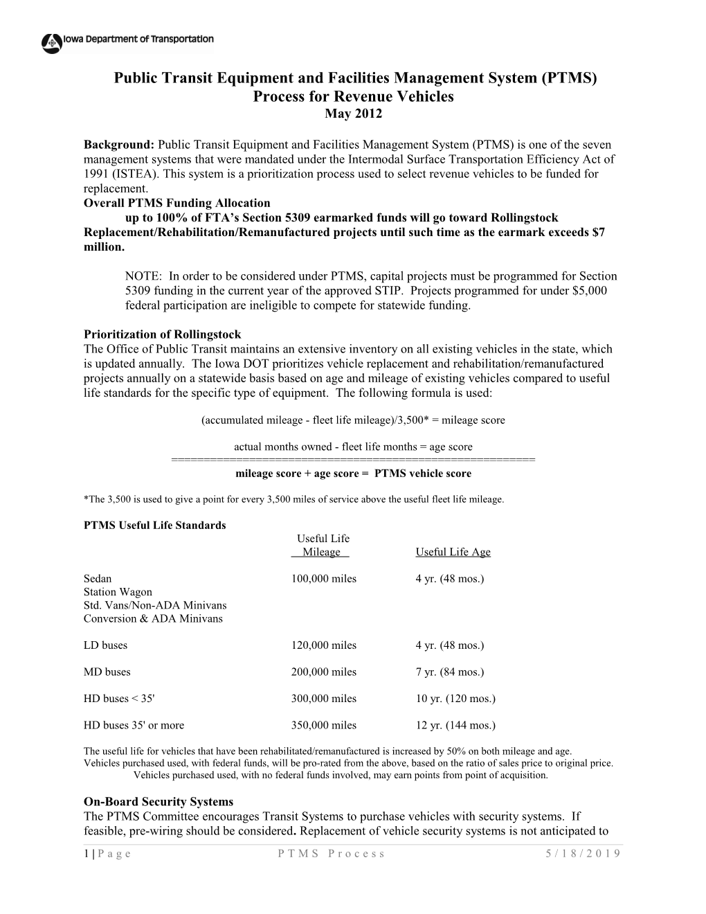 Public Transit Equipment and Facilities Management System (PTMS) Policies