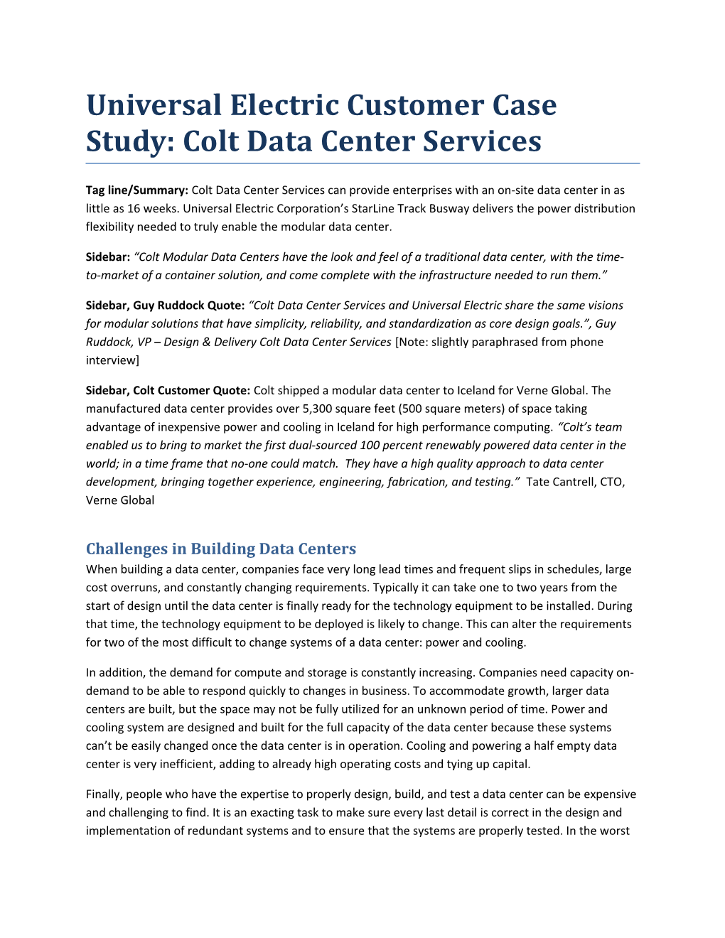 Universal Electric Customer Case Study: Colt Data Center Services