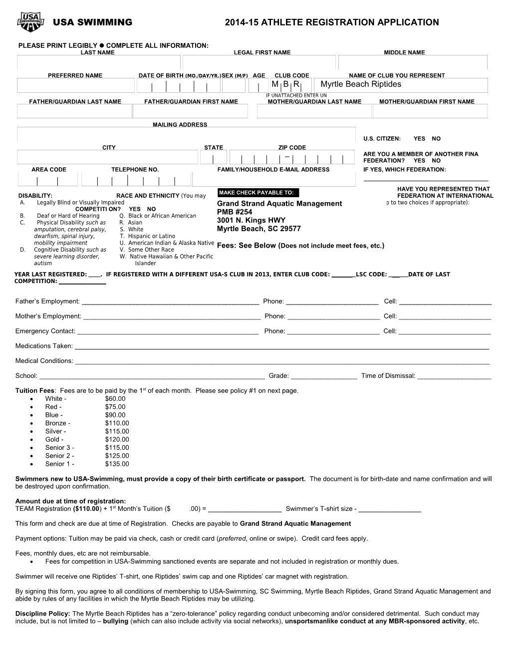 Usa Swimming2014-15 Athlete Registration Application