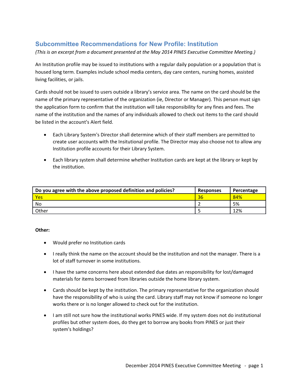 Subcommittee Recommendations for New Profile: Institution