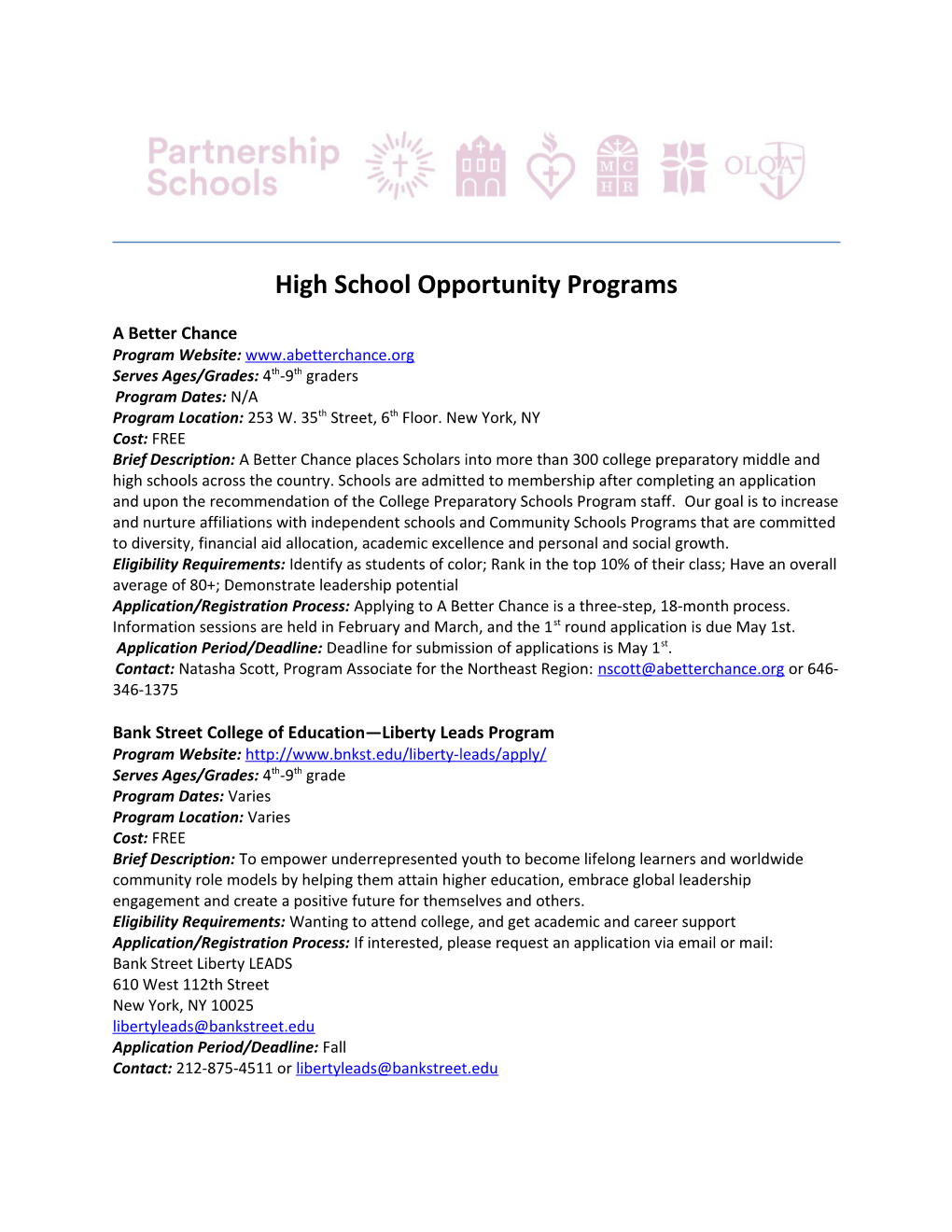 High School Opportunity Programs