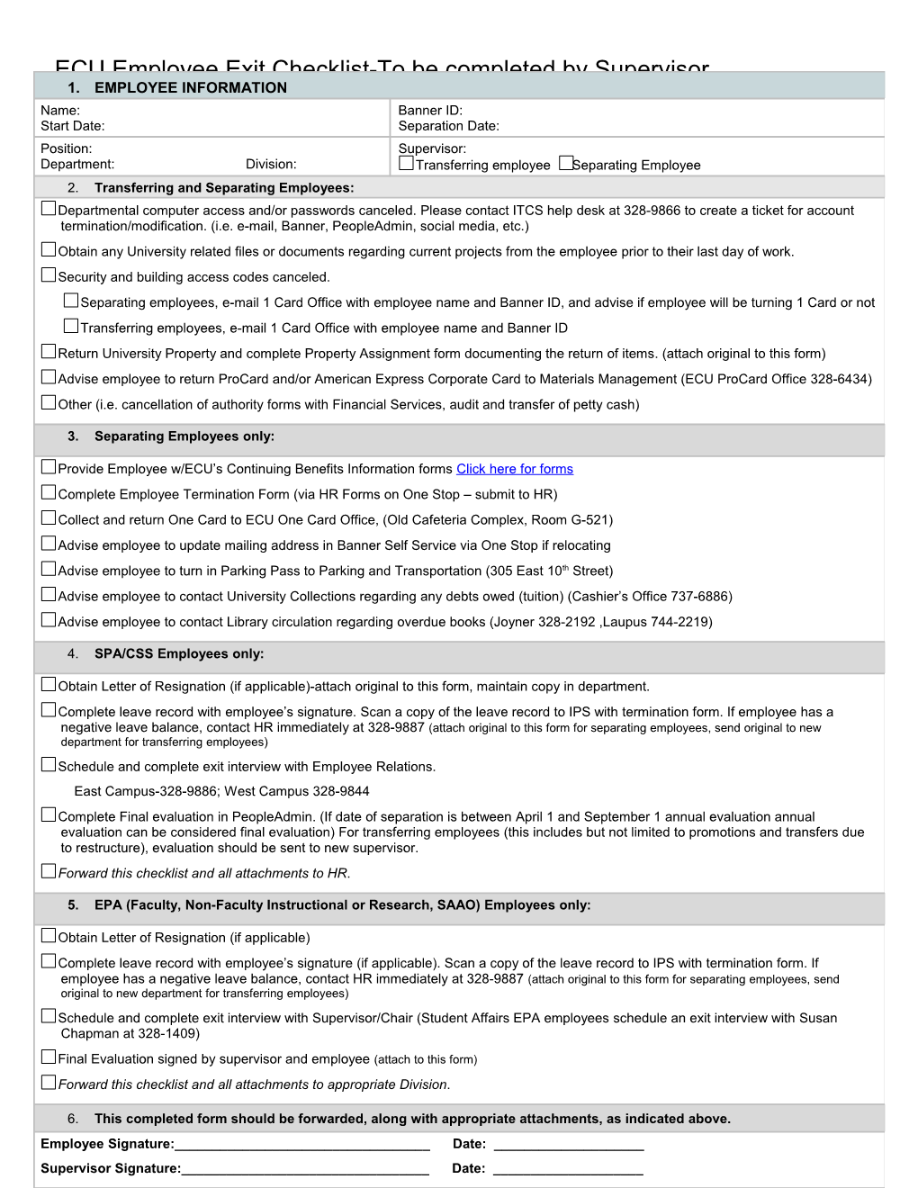 ECU Employee Exit Checklist-To Be Completed by Supervisor