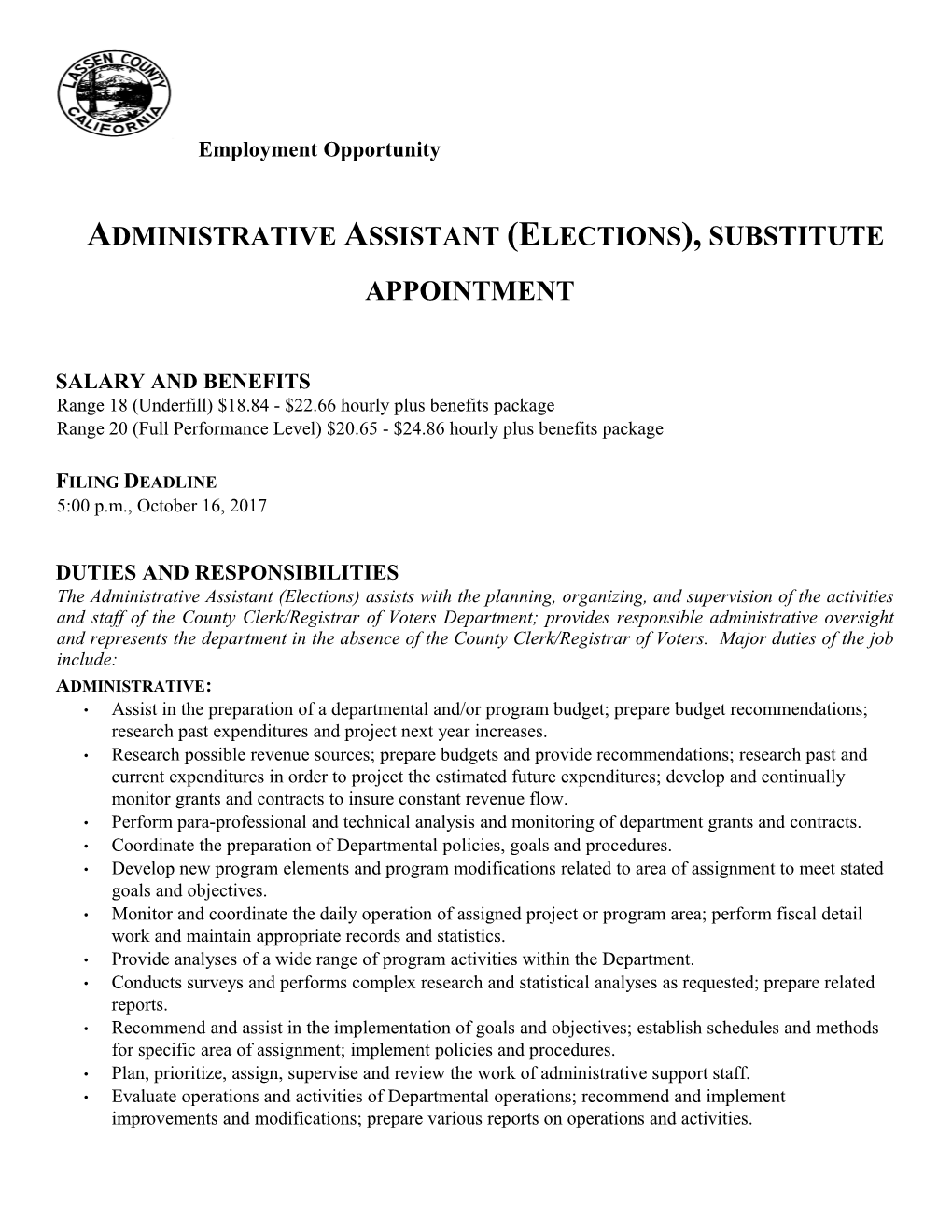 Administrative Assistant (Elections),Substitute