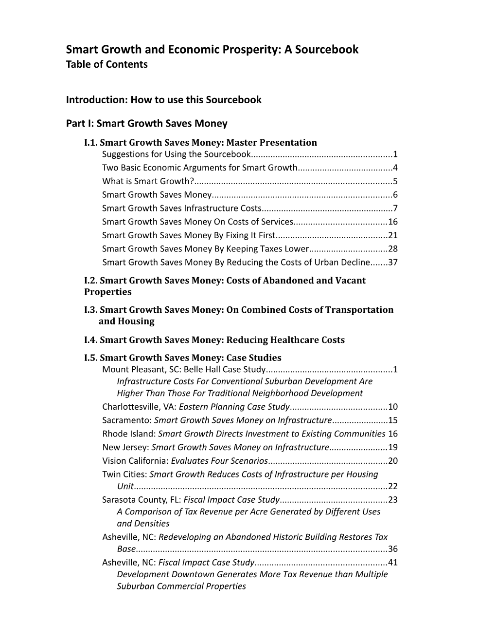 Smart Growth and Economic Prosperity: a Sourcebooktable of Contents