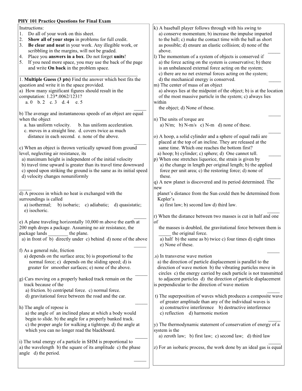 PHY 101 Practice Questions for Final Exam