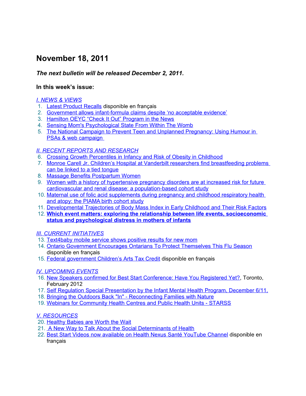 The Next Bulletin Will Be Releaseddecember 2, 2011