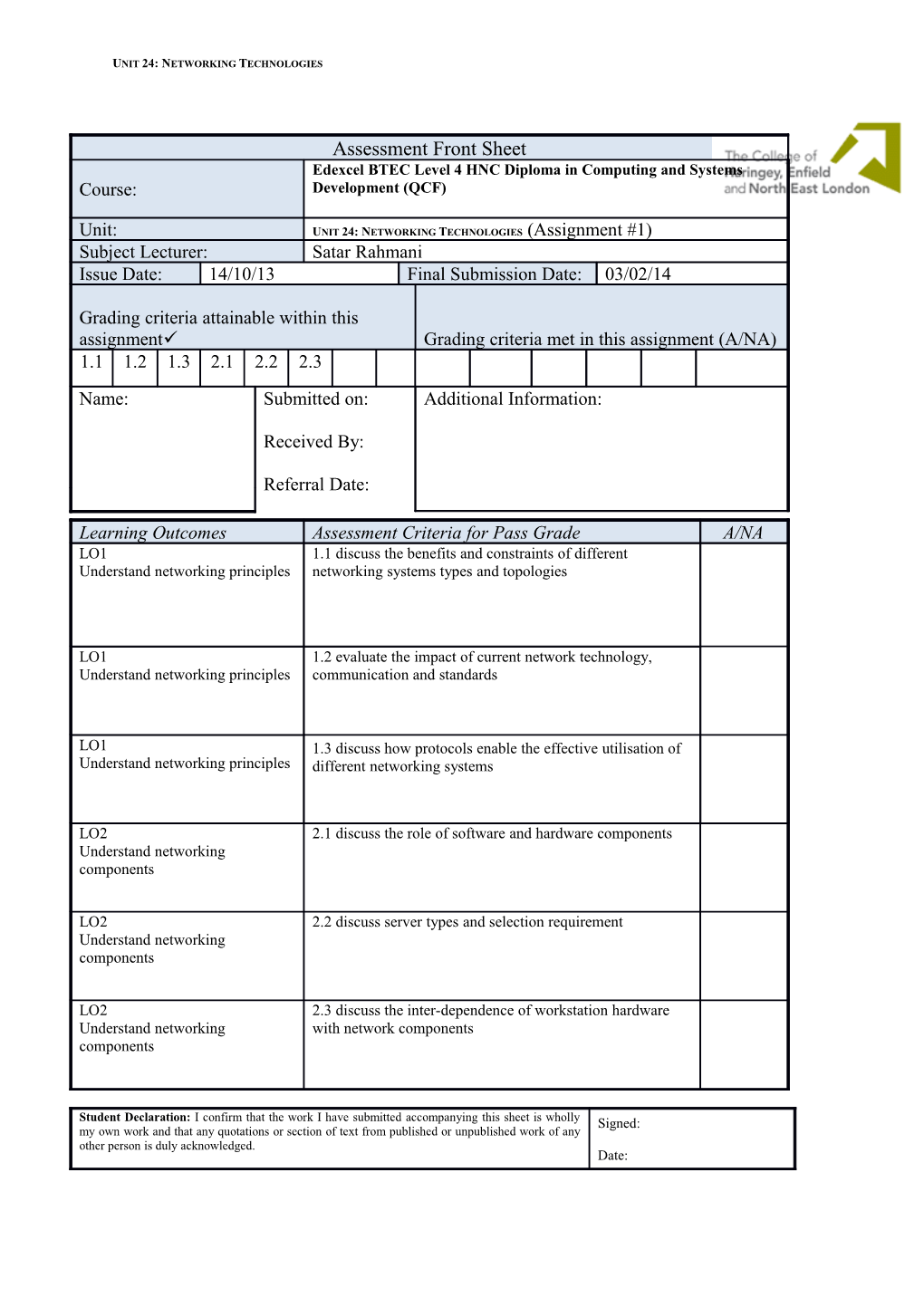 Unit 24: Networking Technologies