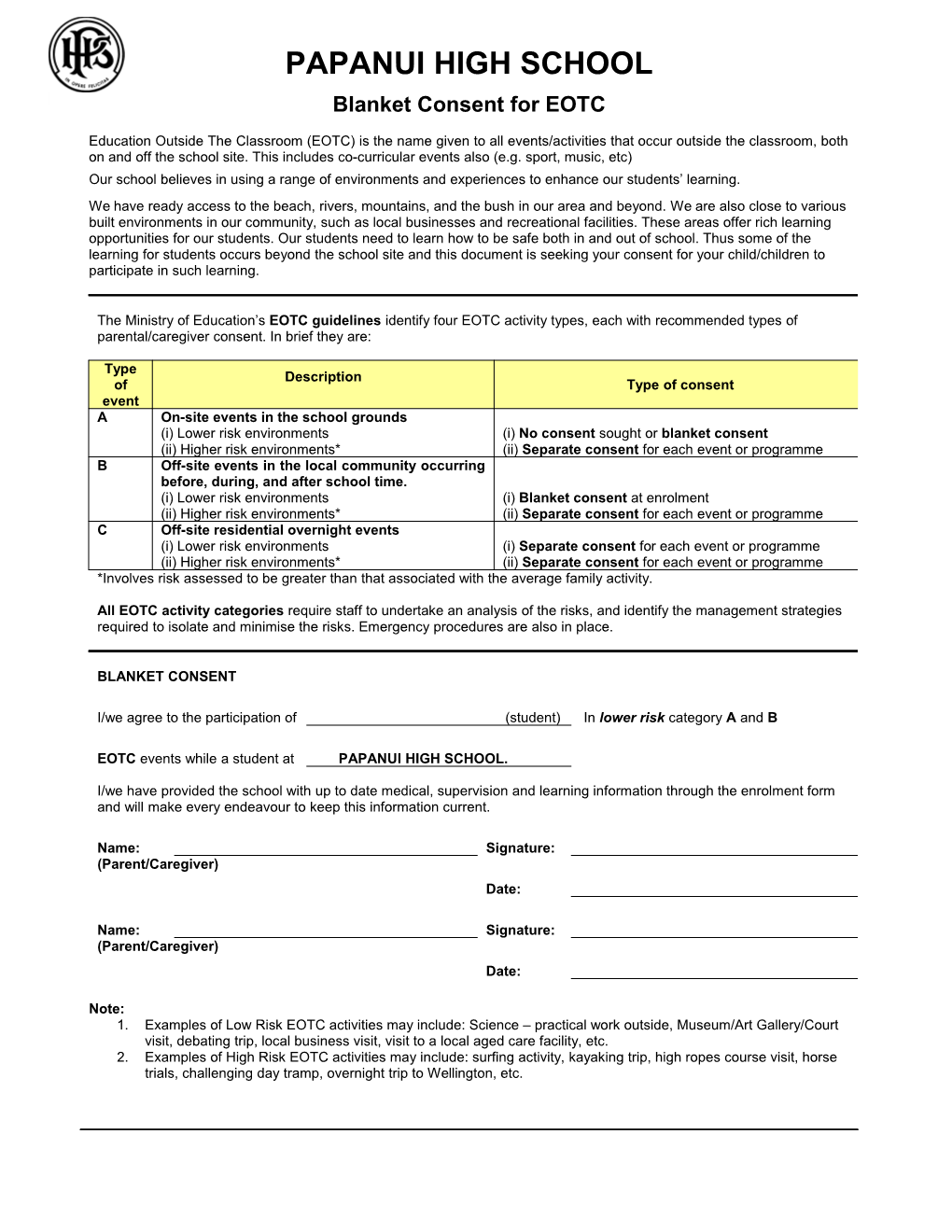 Examples of Low Risk EOTC Activities May Include: Science Practical Work Outside, Museum/Art