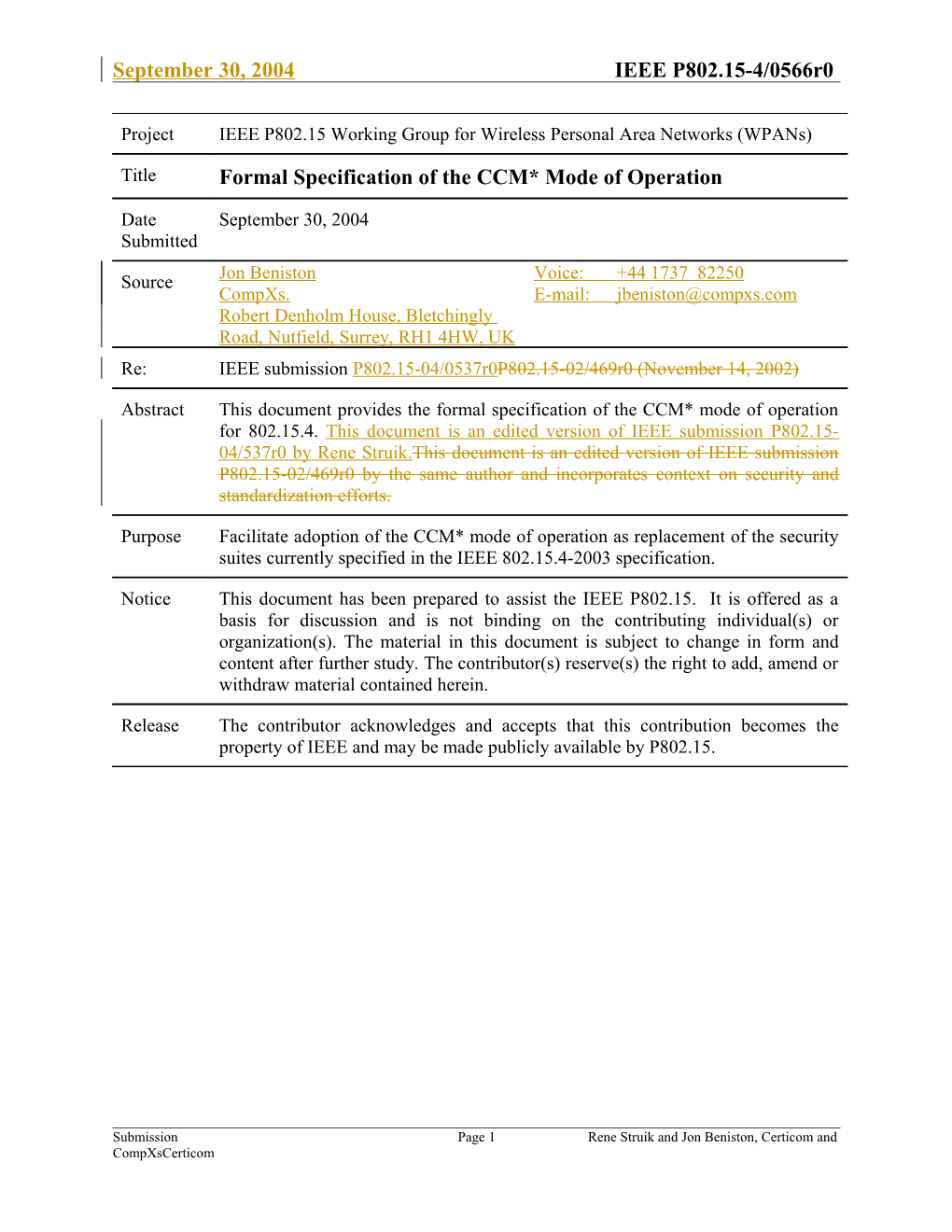 1Formal Specification of the CCM* Mode of Operation