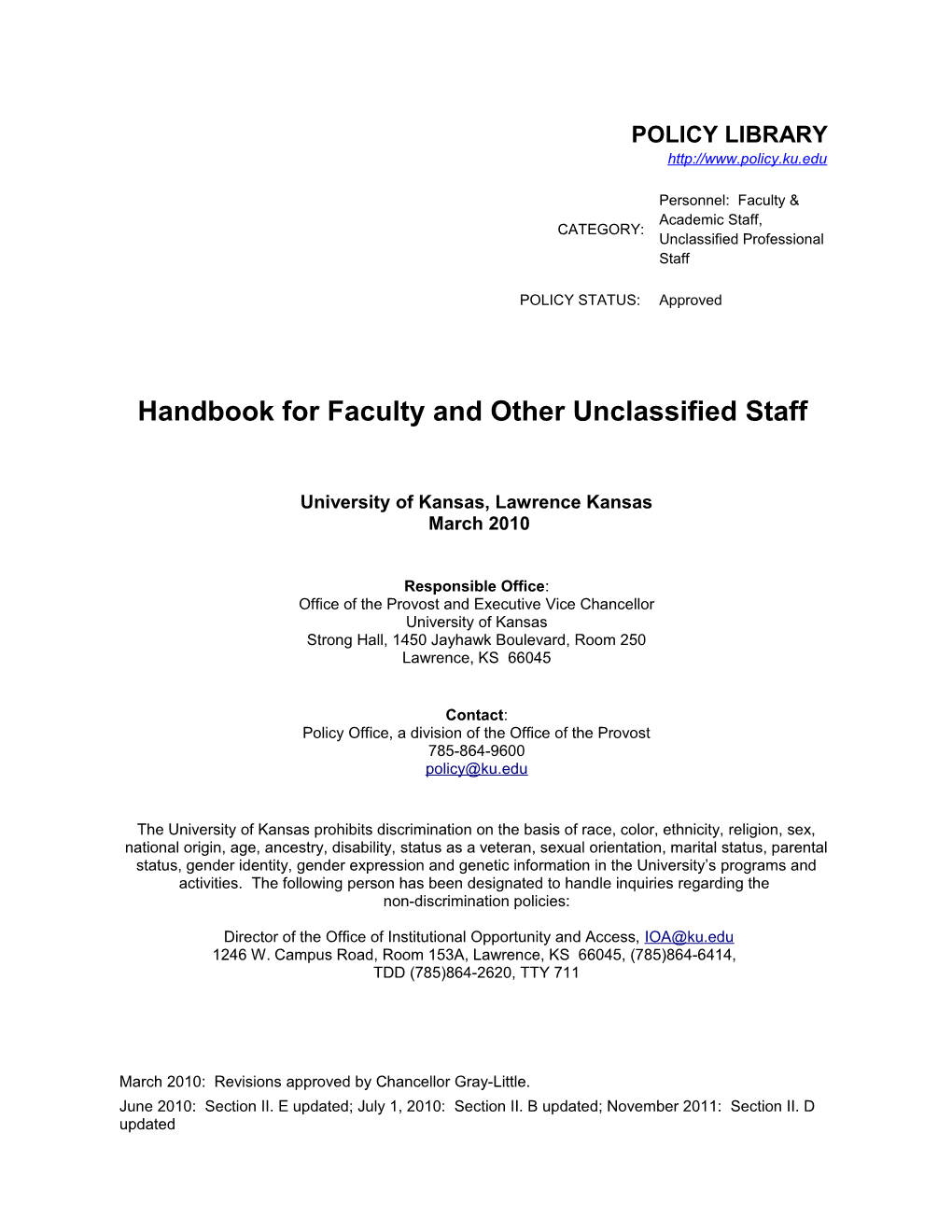 KU Policy Handbook for Faculty and Other Unclassified Staff
