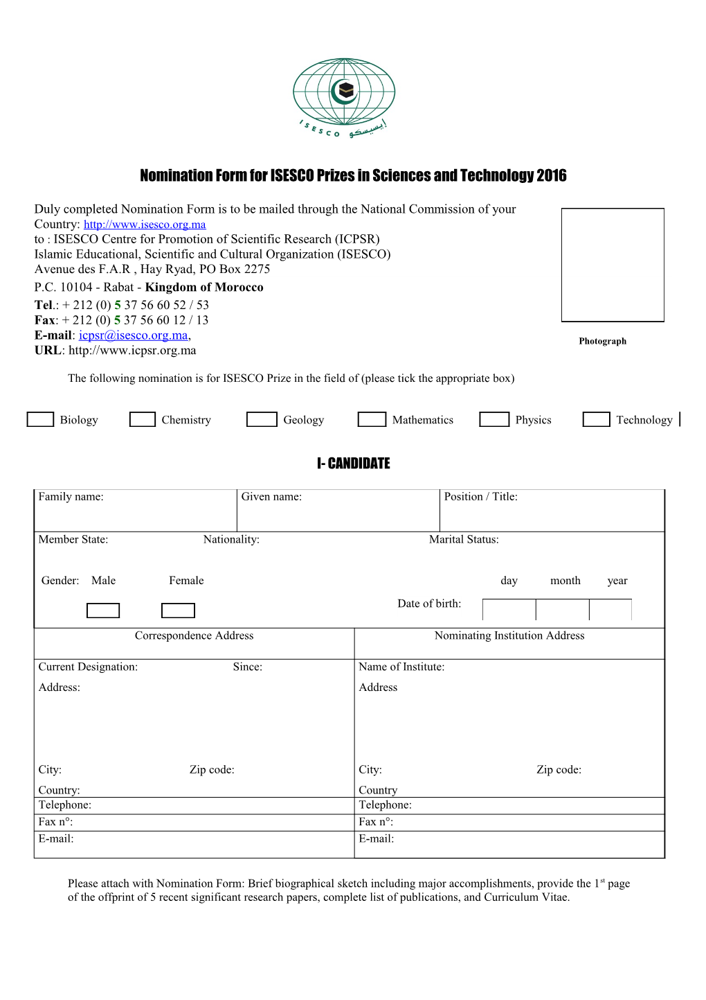 Nomination Form for ISESCO Prizes in Sciences and Technology