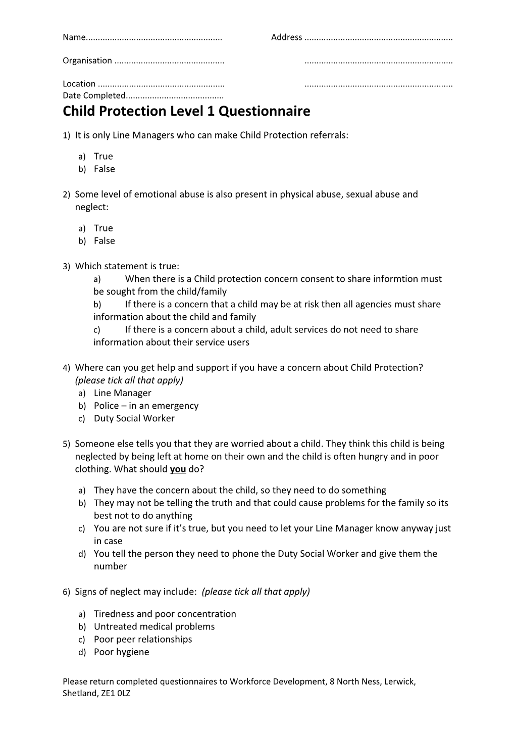 Child Protection Level 1 Questionnaire
