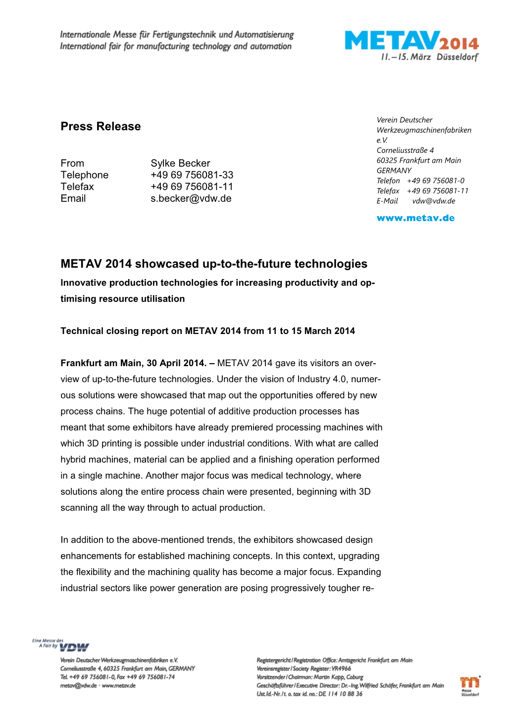 Page1/16 METAV 2014 Technical Closing Report