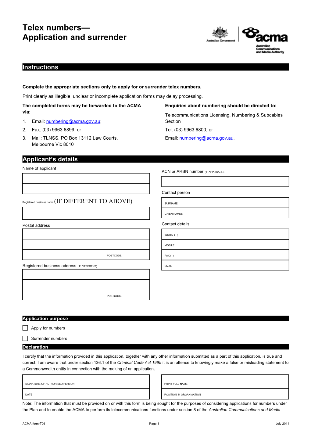 T061 - Application for Telex Numbers (Application and Surrender)