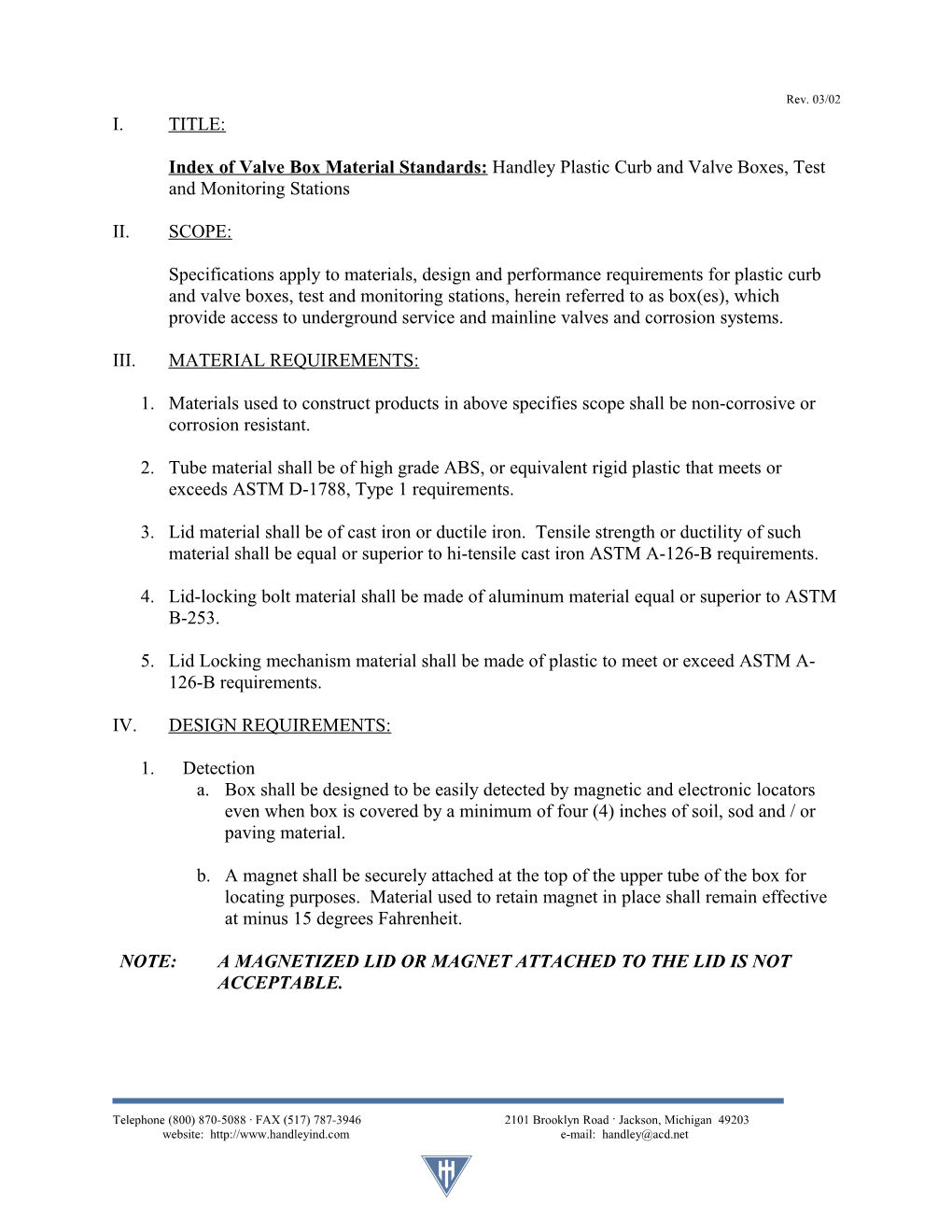 Index of Valve Box Material Standards: Handley Plastic Curb and Valve Boxes, Test And