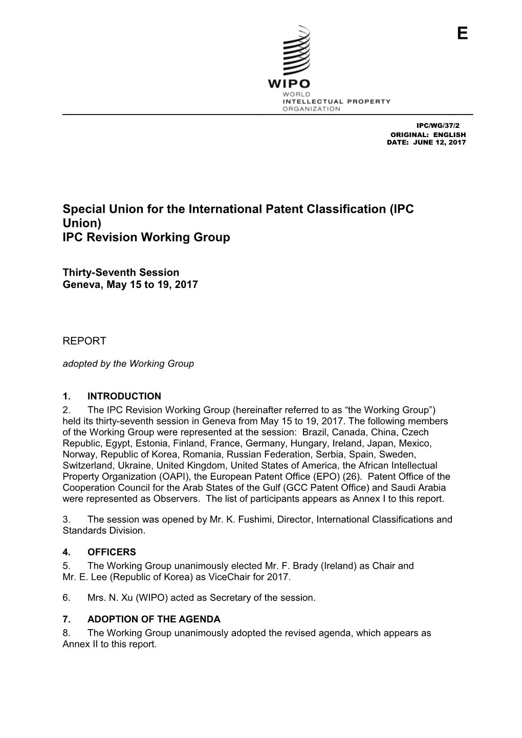 IPC/WG/37/2, Report, 37Th Session, IPC Revision Working Group