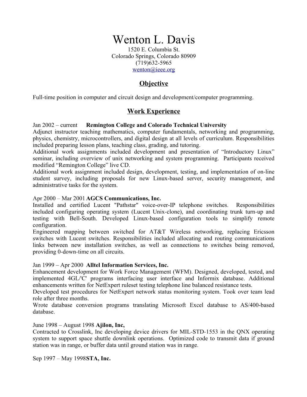 Full-Time Position in Computer and Circuit Design and Development/Computer Programming