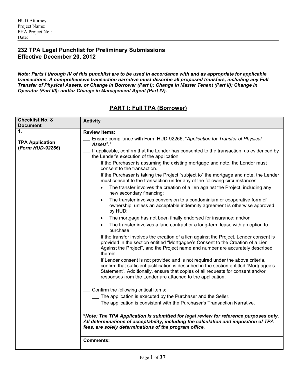 232 TPA Legal Punchlist for Preliminary Submissions