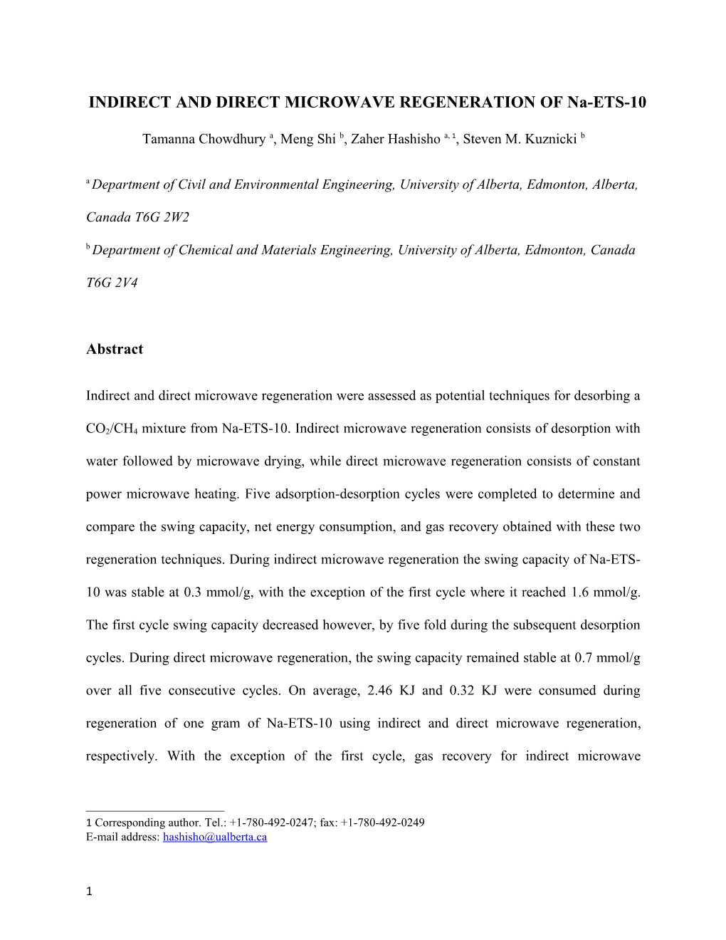 INDIRECT and DIRECT MICROWAVE REGENERATION of Na-ETS-10