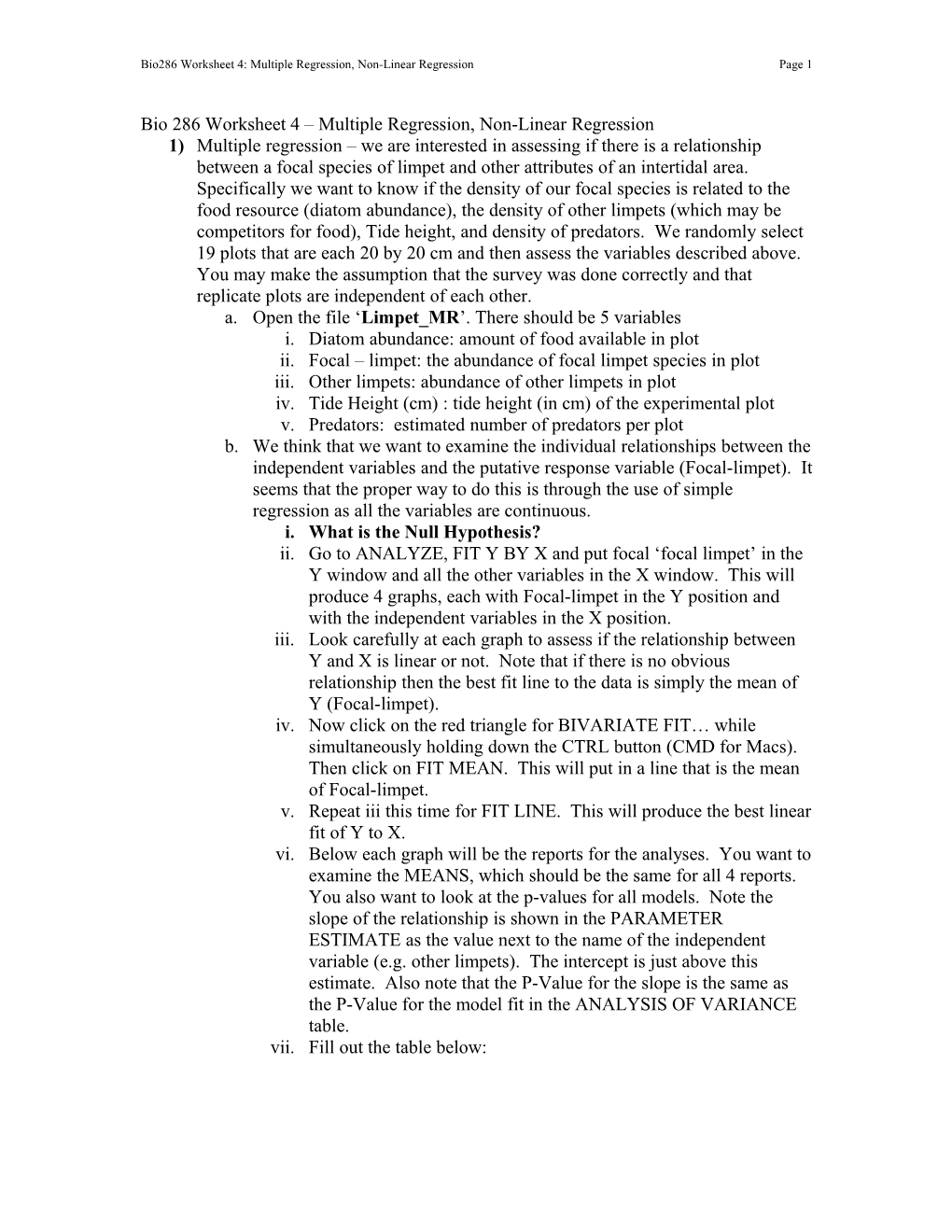 Bio286 Worksheet 4: Multiple Regression, Non-Linear Regression Page 1