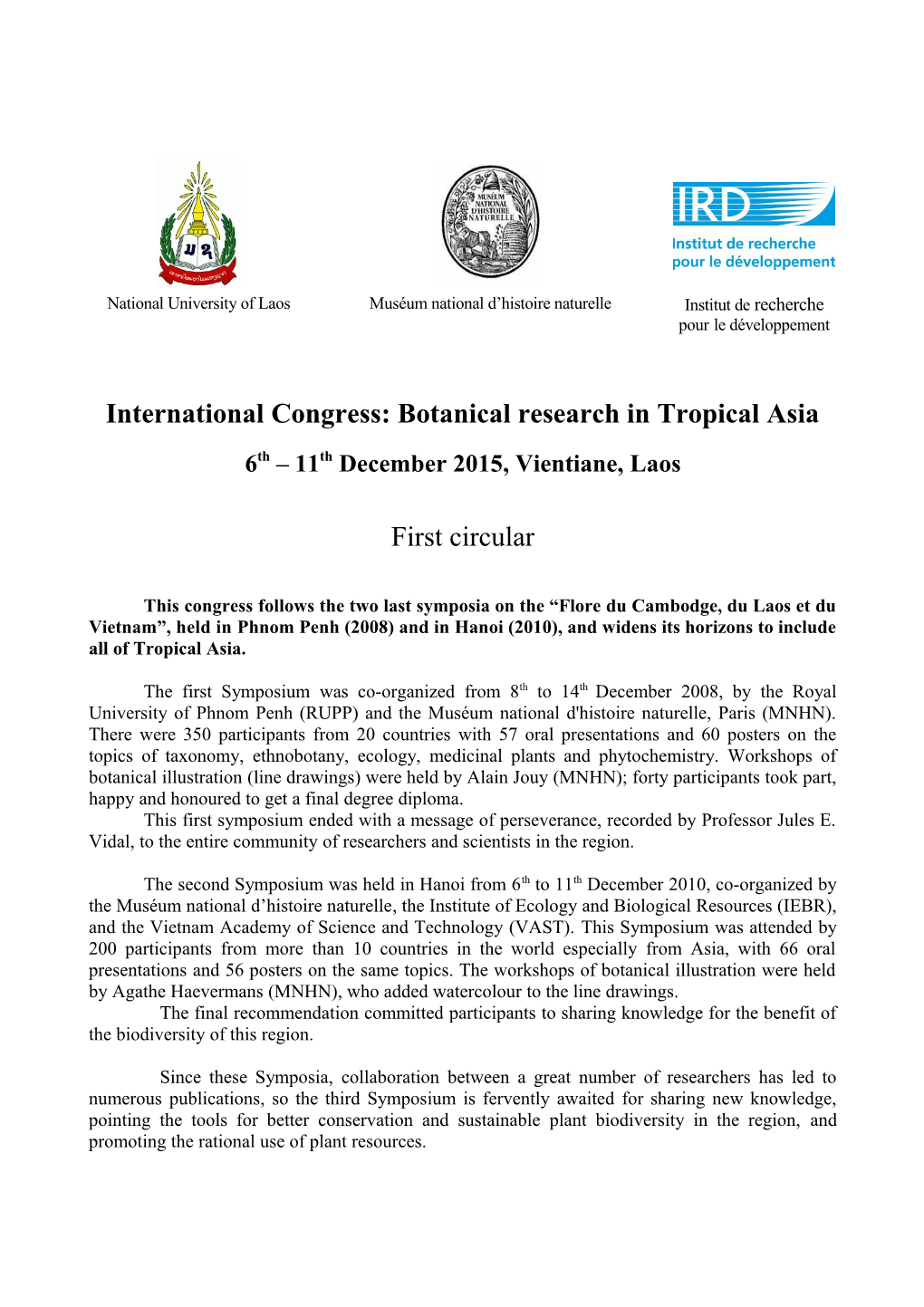 1Er Symposium De La Flore Du Cambodge, Du Laos Et Du Viêtnam