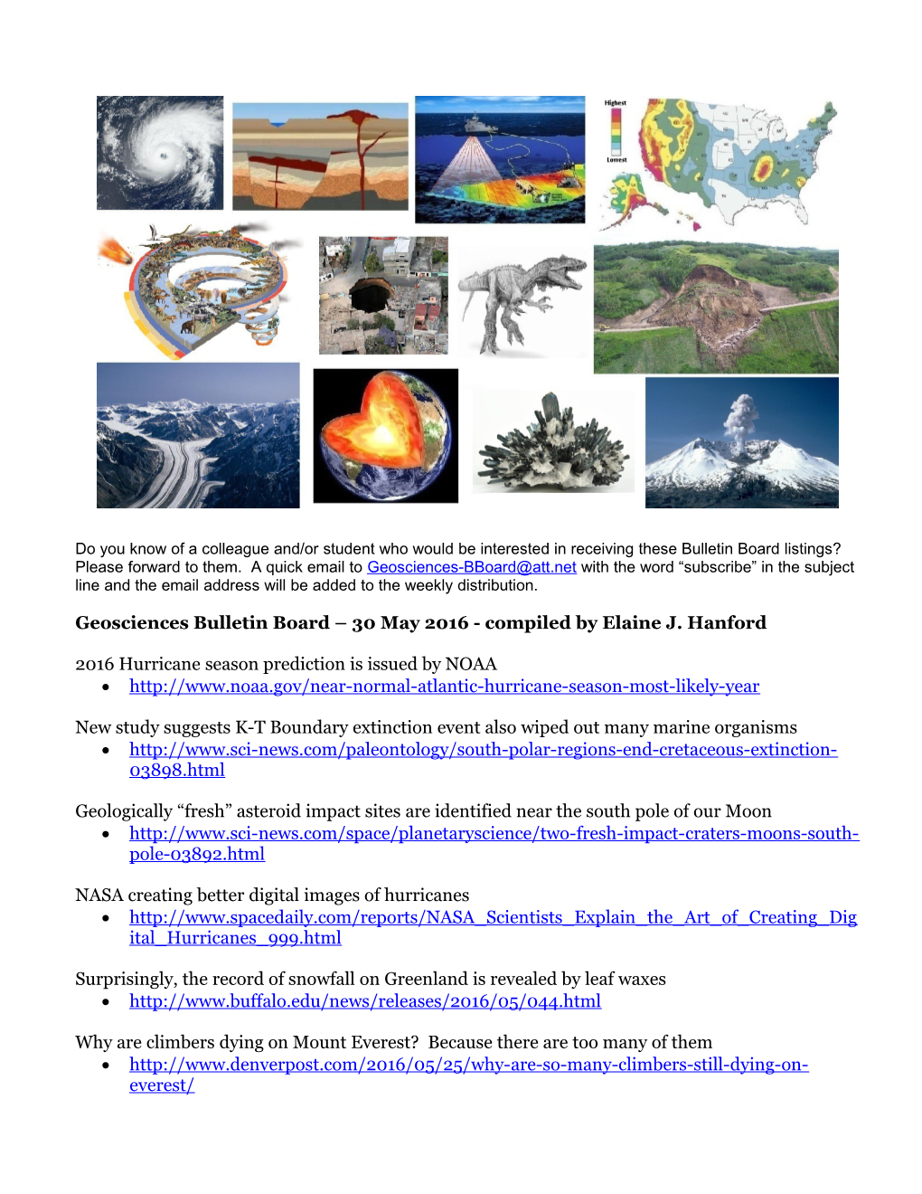 Geosciences Bulletin Board 30 May 2016- Compiled by Elaine J. Hanford