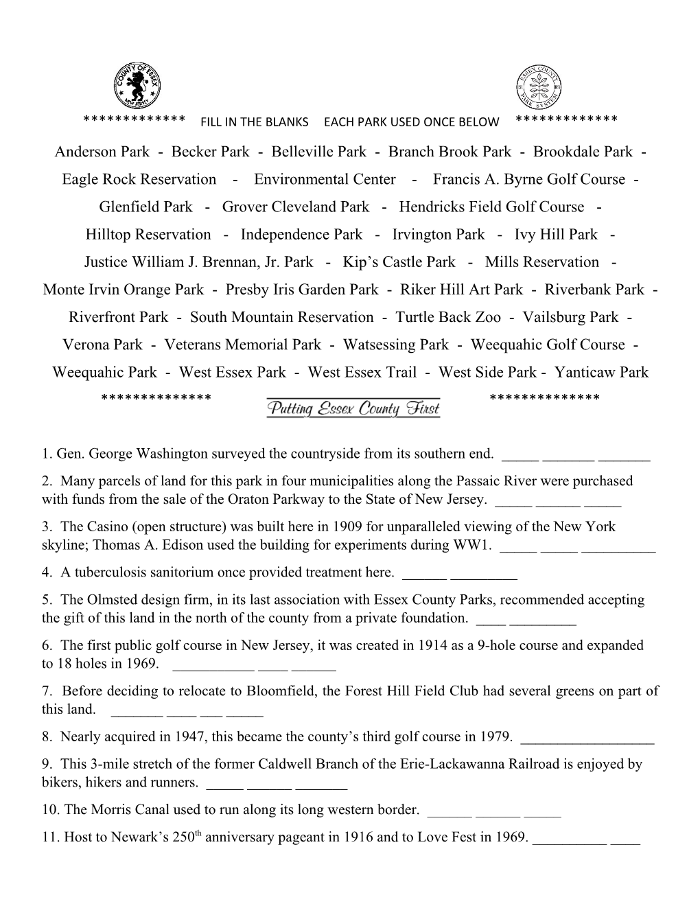 Fill in the Blanks Each Park Used Once Below