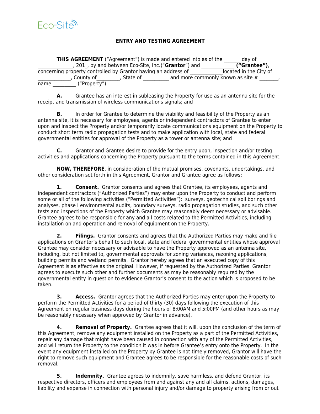 Entry and Testing Agreement