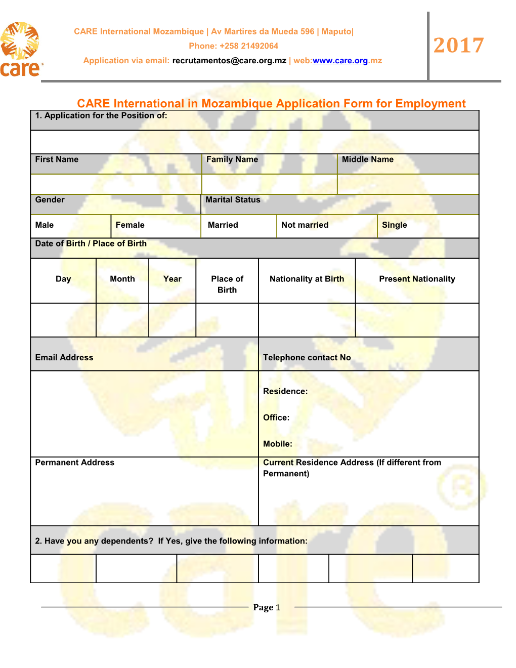 CARE International in Mozambique Application Form for Employment