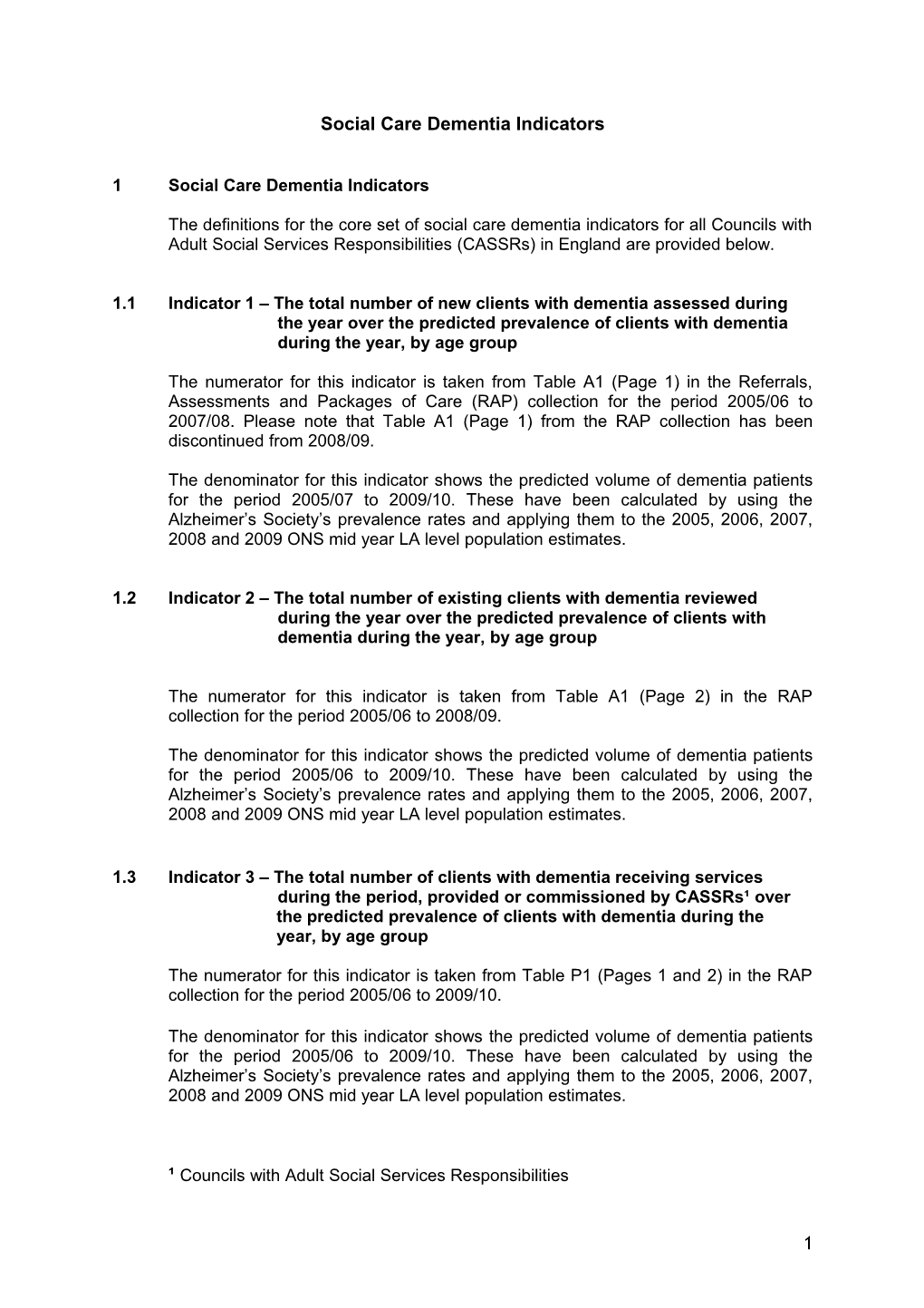 Social Care Dementia Indicators