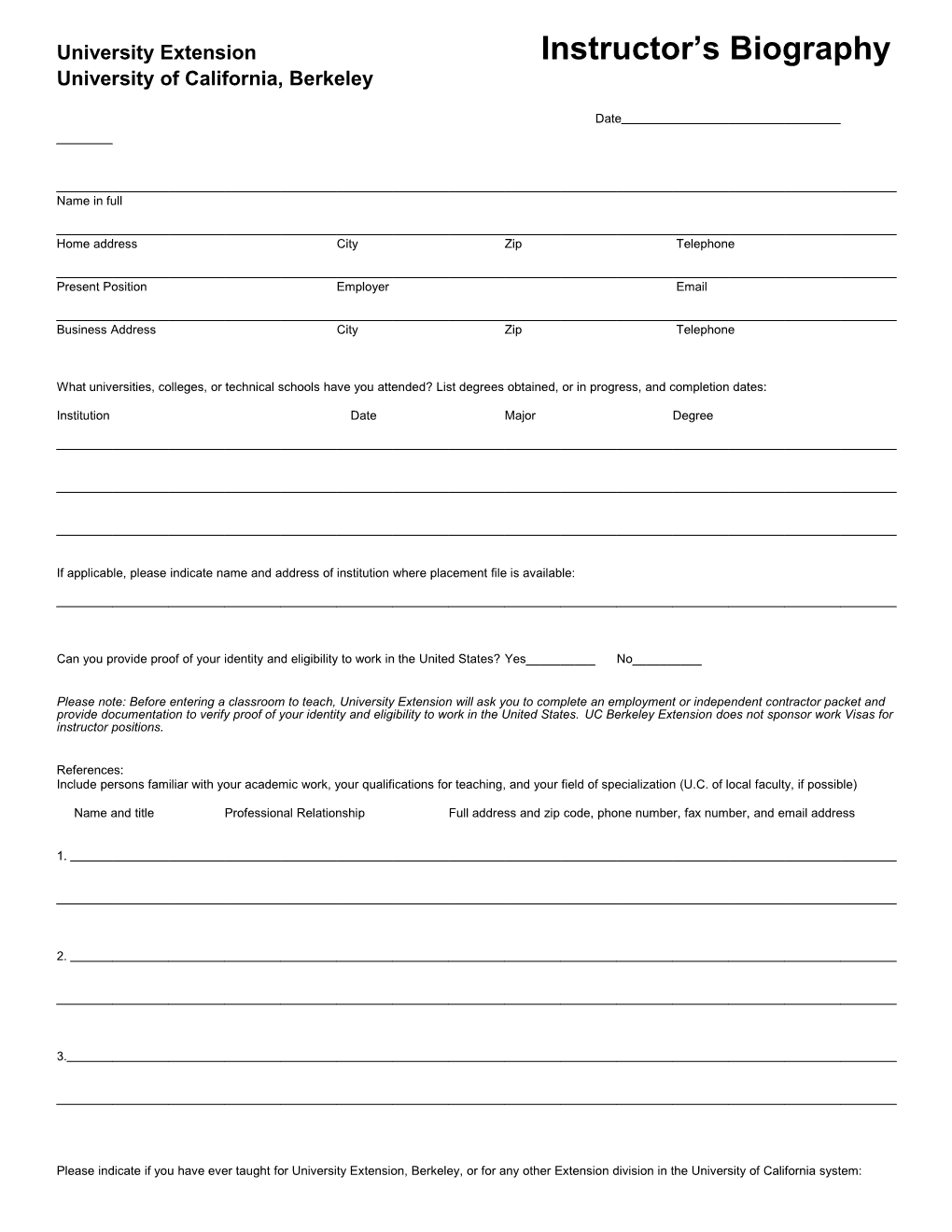 Instructor Employment Application &Course and Instructor Approval Biography Form