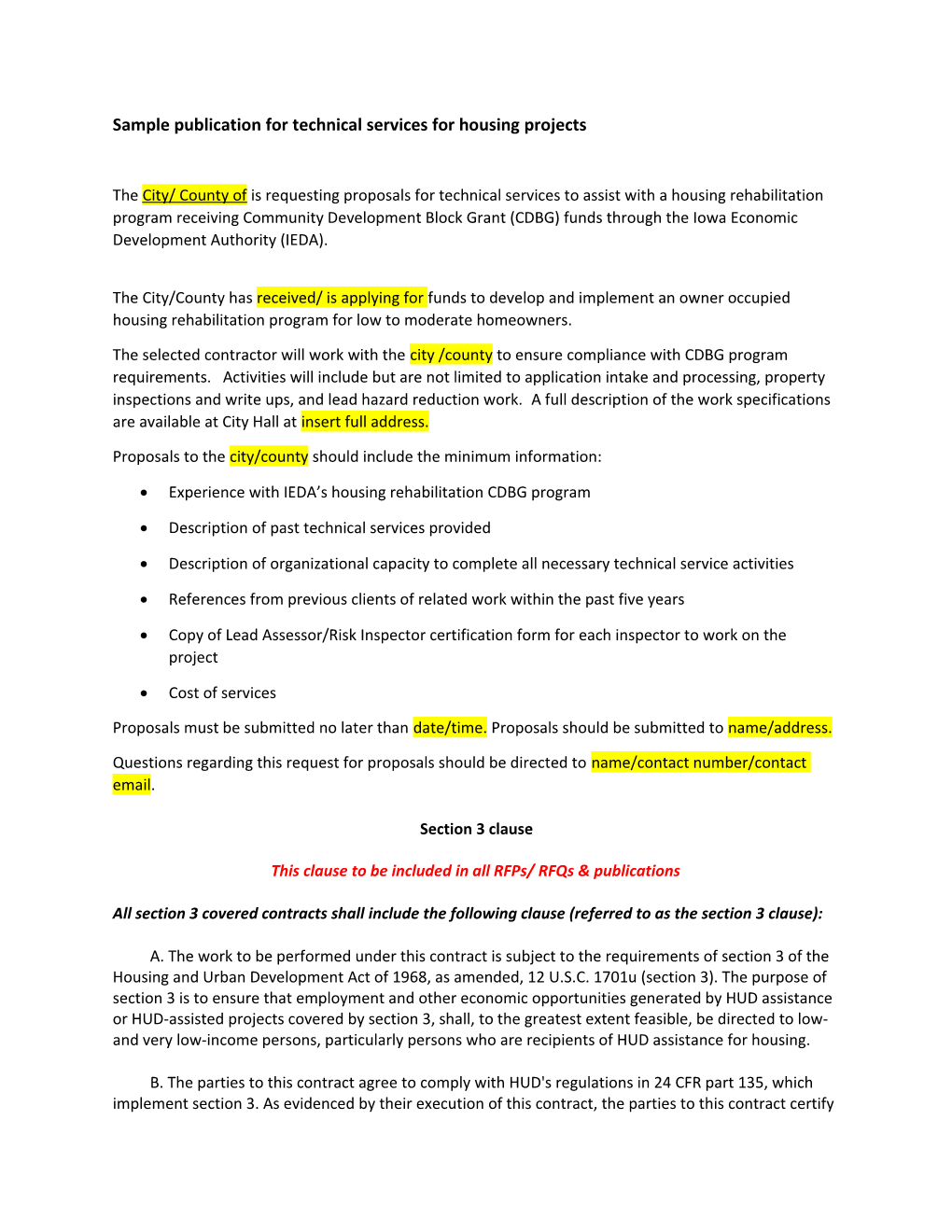 Sample Publication for Technical Services for Housing Projects