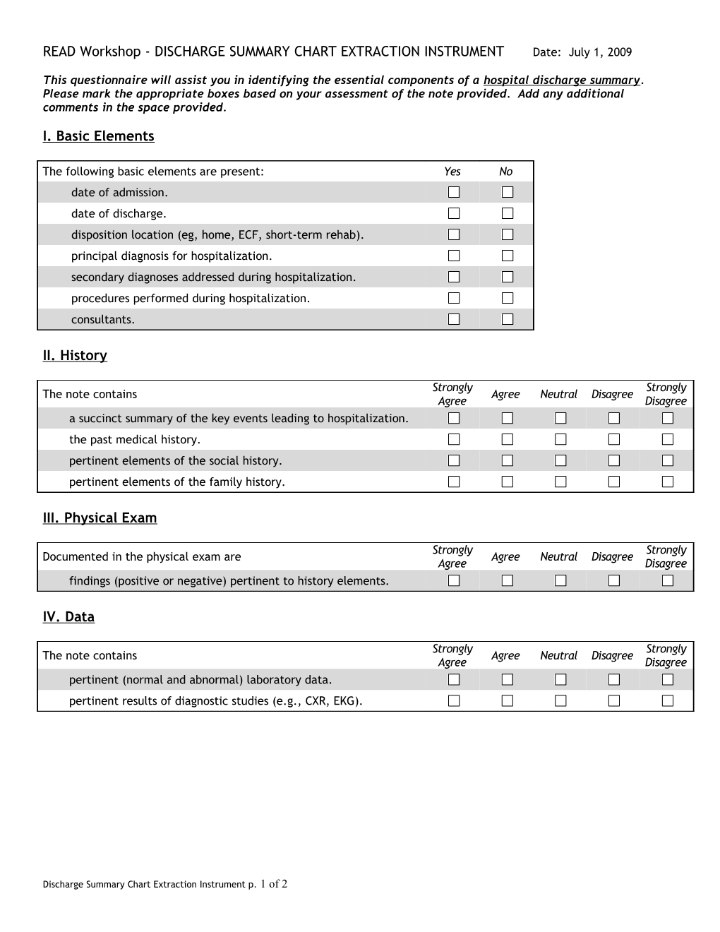 READ Workshop - DISCHARGE SUMMARY CHART EXTRACTION Instrumentdate: July 1, 2009