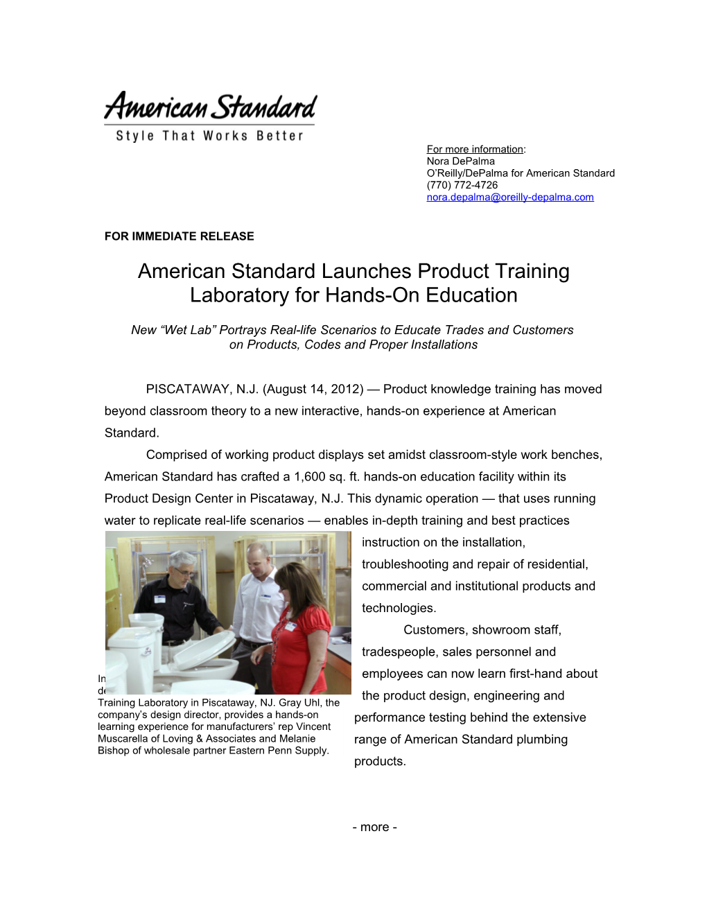 American Standard Launches Product Training Laboratory for Hands-On Education 1-1-1