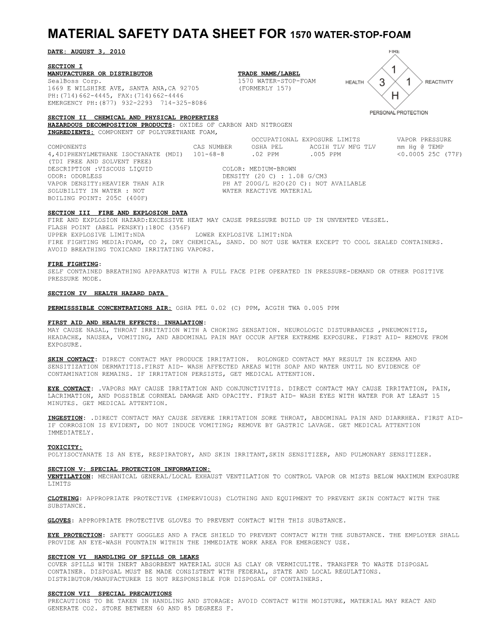 Material Safety Data Sheet for Webac 151