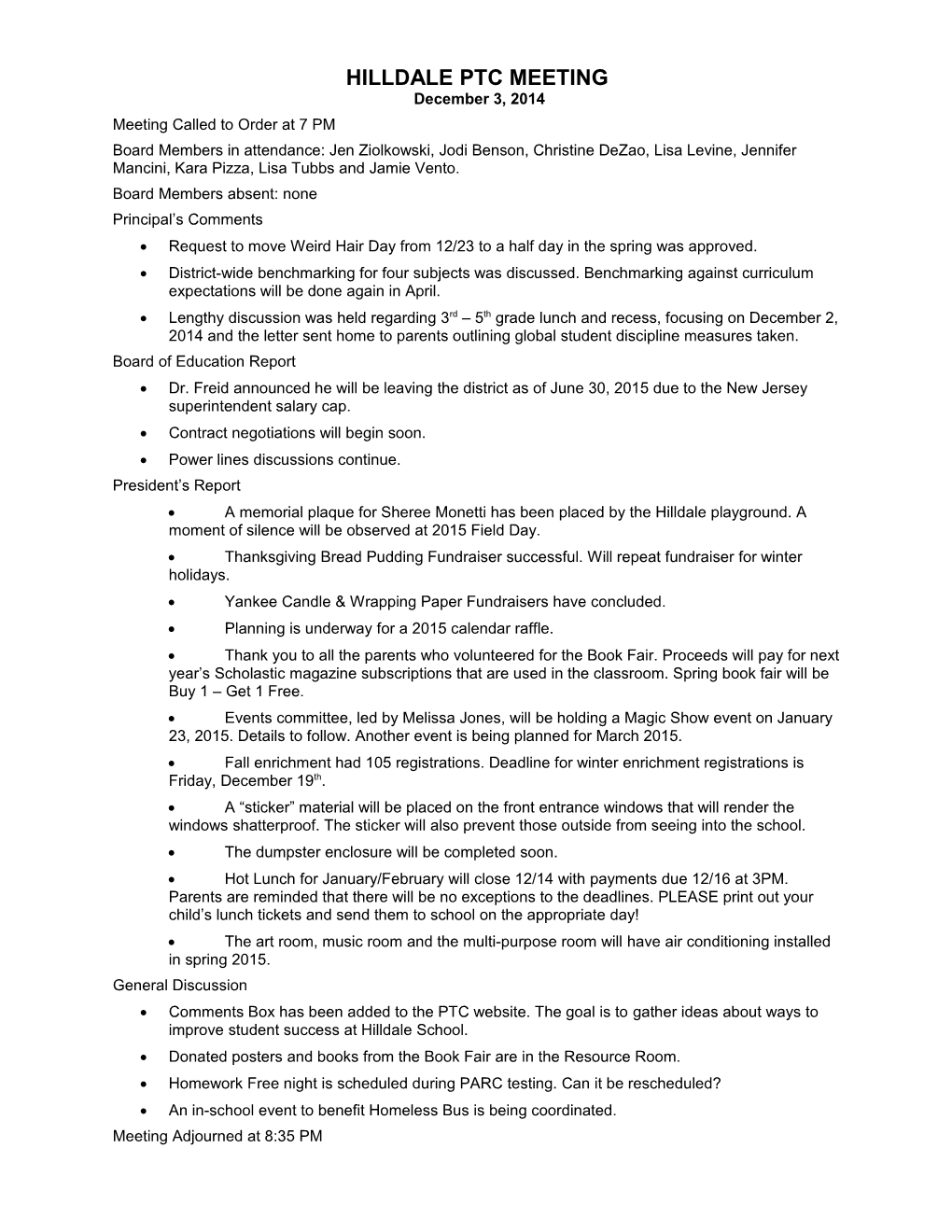 HILLDALE PTC MEETING December 3, 2014