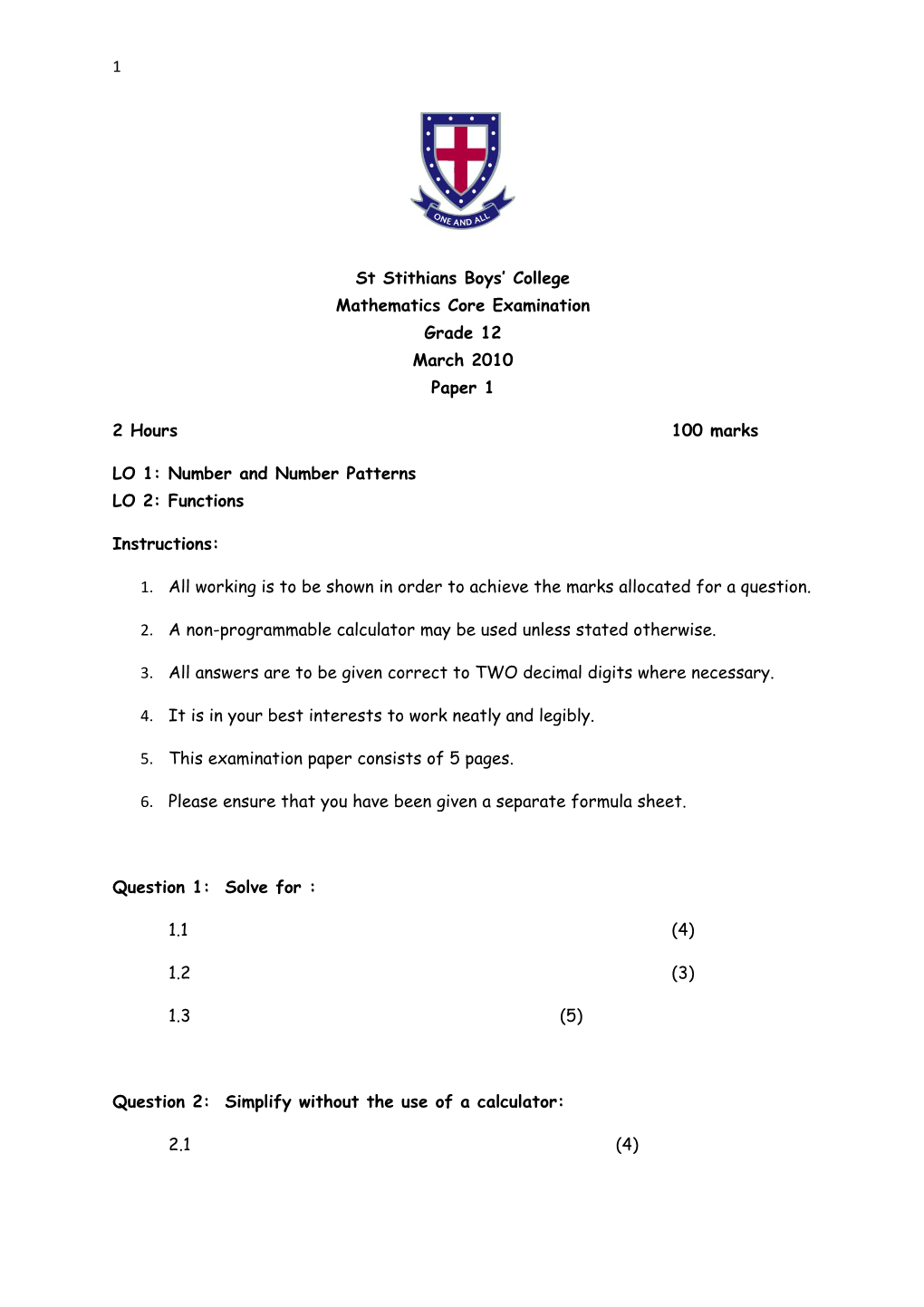 St Stithians Boys College Mathematics Core Examination Grade 12 March 2010 Paper 1